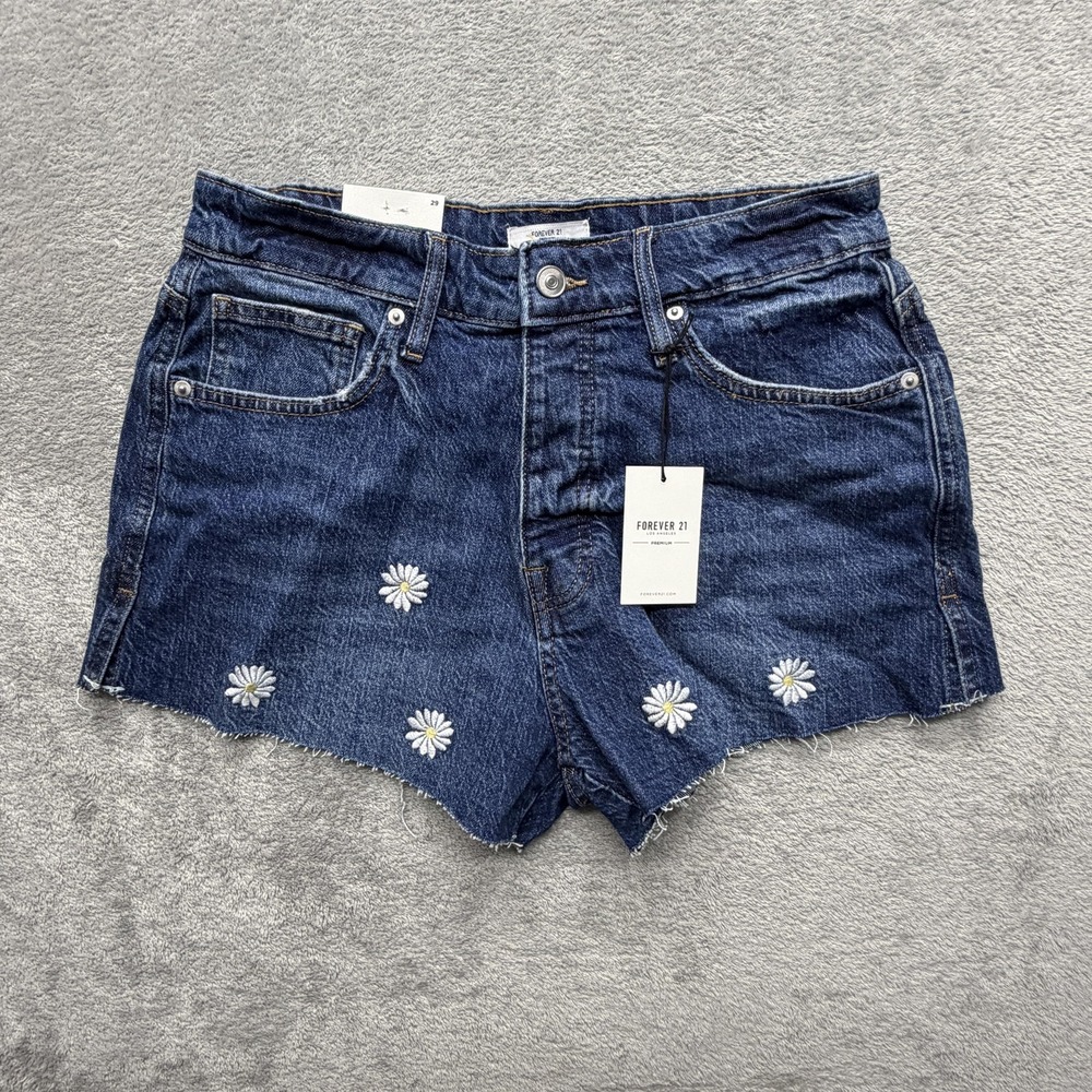 Forever 21 Shorts Womens 29 Blue Daisy Embroidered Denim Cutoff Raw Hem New